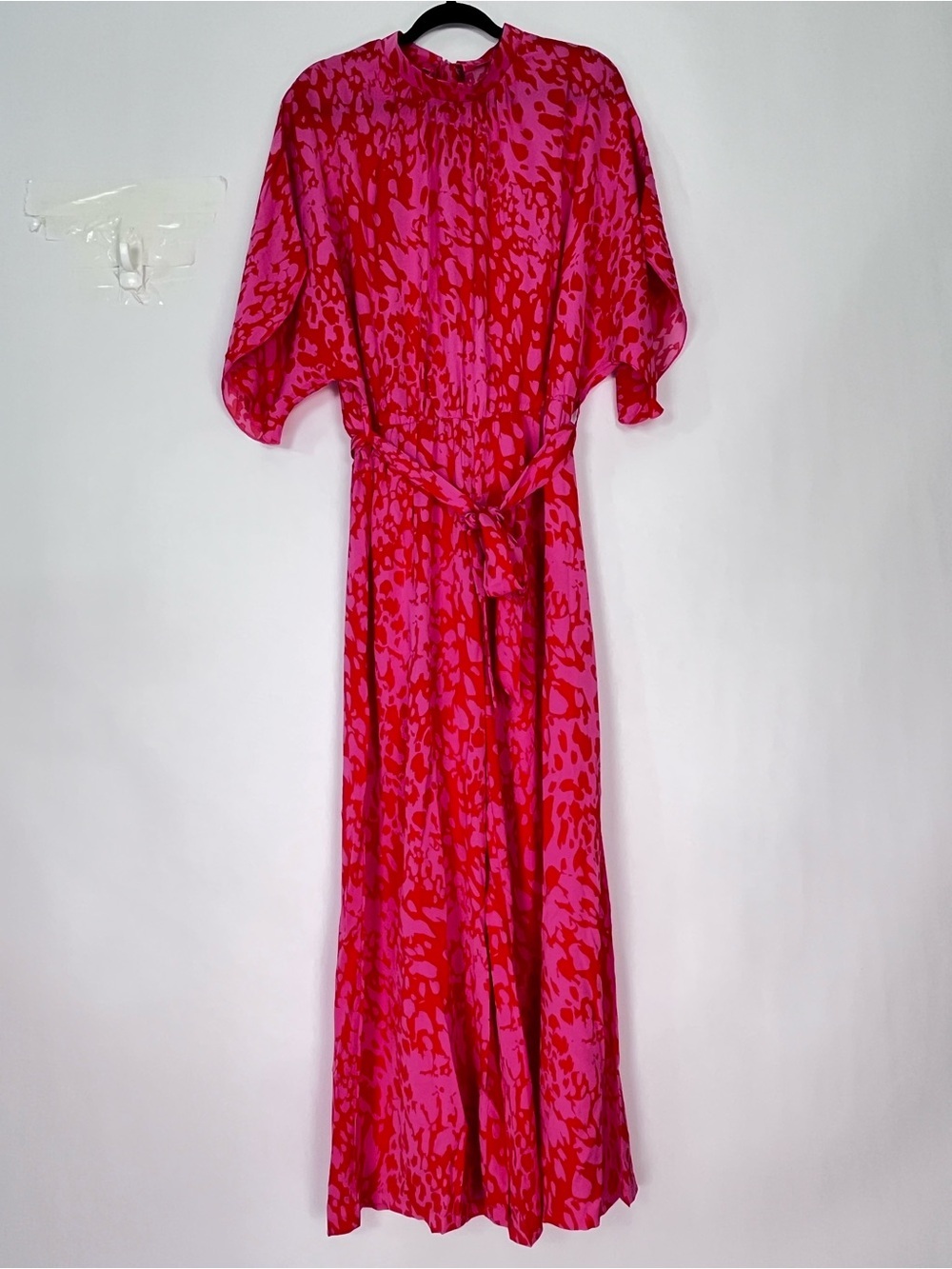 Pink Rose Leopard Print Tulip Sleeve Belted Wide Leg Jumpsuit Sz XL - Picture 5 of 9